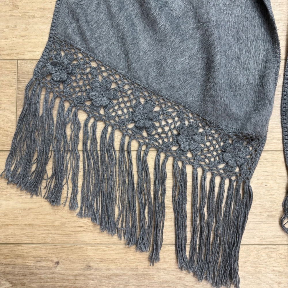 Alpaca Camargo Gray Alpaca Wool Scarf Crochet Floral Fringe Scandi Lagenlook Big - Picture 2 of 12